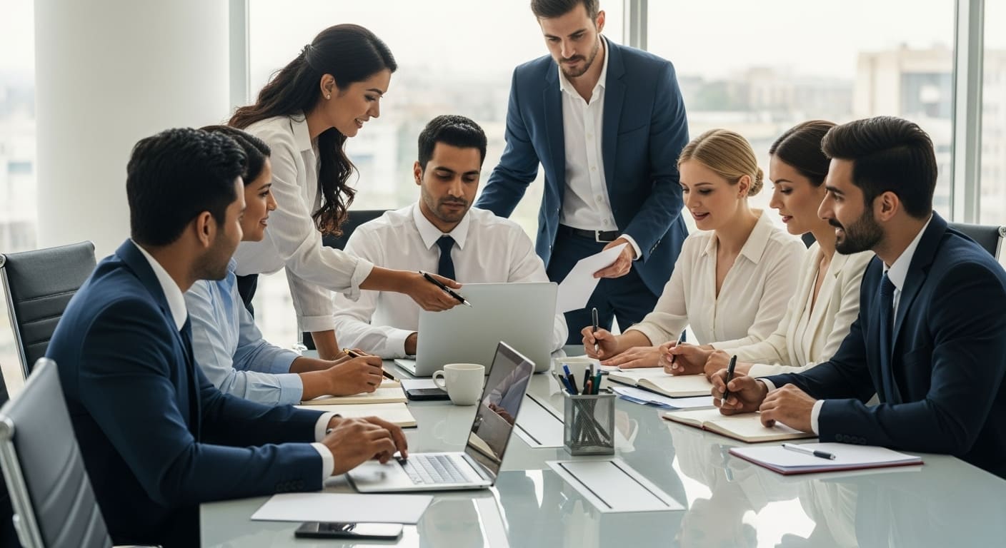 Empresarios en reunión estratégica en oficina