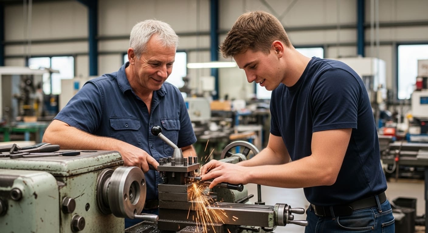 Joven trabajando en taller con mentor