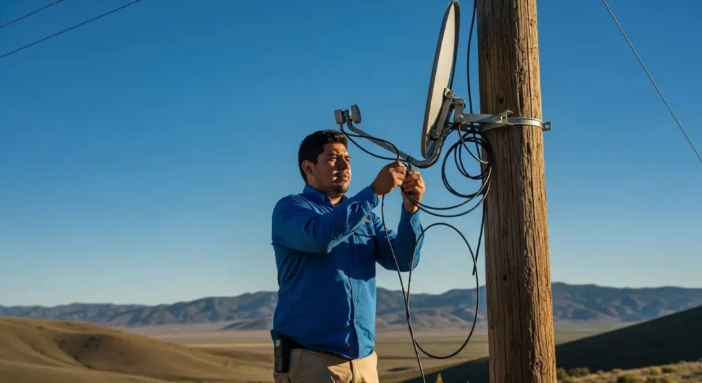 Técnico instalando internet rural