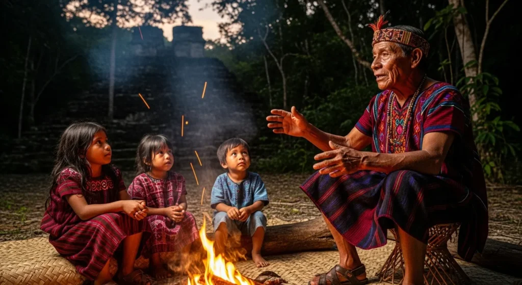 Fotografía de un anciano maya relatando historias a un grupo de niños alrededor de una fogata.