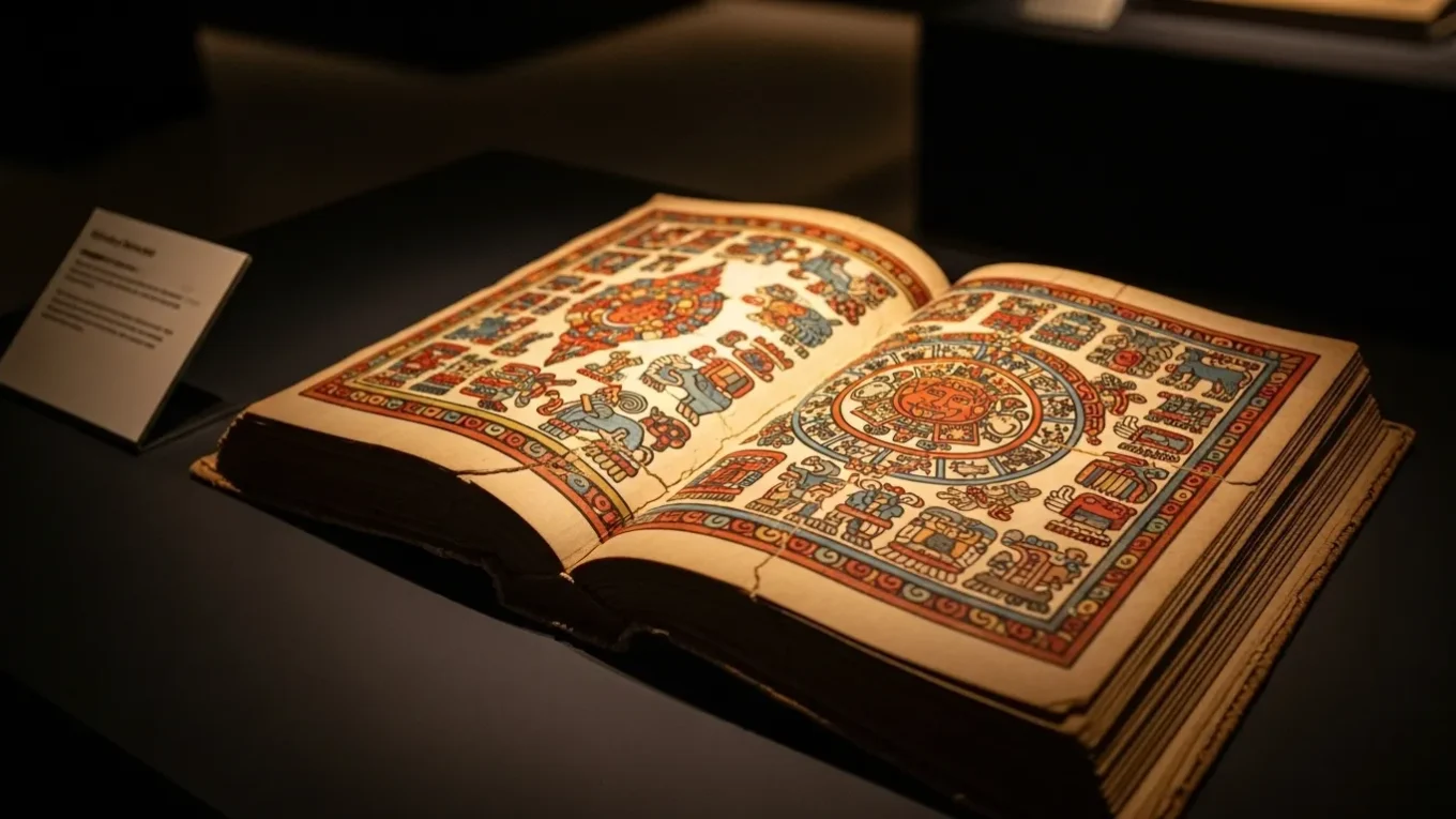 Fotografía de un códice maya abierto sobre una mesa de museo