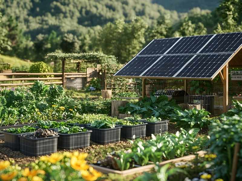 se muestra un espacio con cultivos u sobre el techo de un gallinero un panel solar