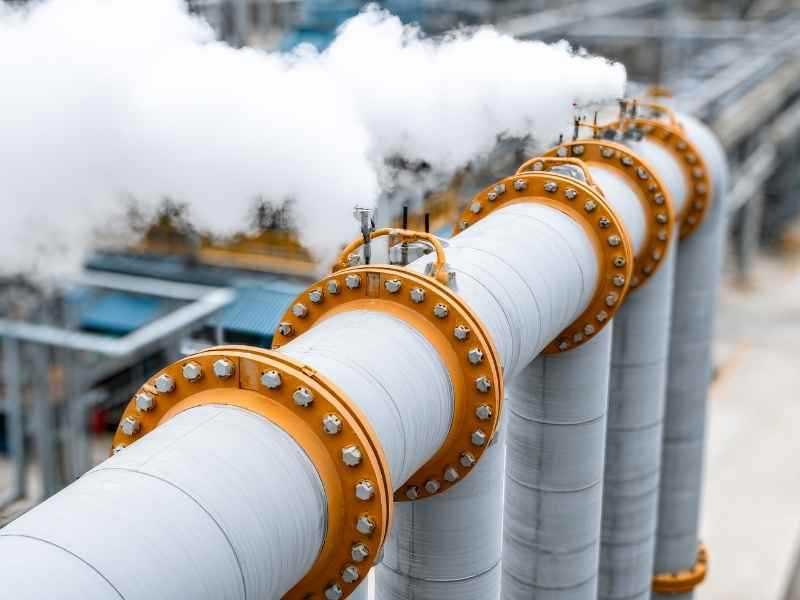 Tuberías industriales con vapor visible, representando calor de proceso y eficiencia térmica en producción de alimentos.
