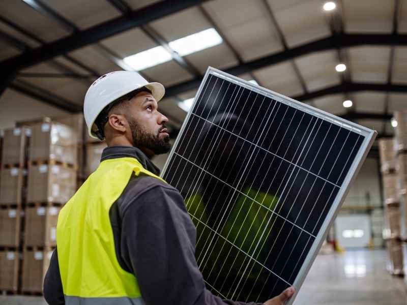 Técnico cargando un panel solar dentro de una nave industrial, integración de energía renovable en operaciones.