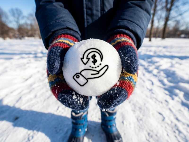 una persona sosteniendo una bola de nieve con un símbolo de dinero en el centro para representar el método bola de nieve