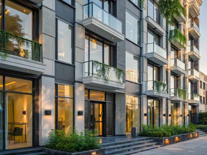 Fotografía profesional de una zona urbana en transformación, donde se ve un edificio moderno terminado junto a una calle con comercios locales activos y personas trabajando. Luz de día clara.