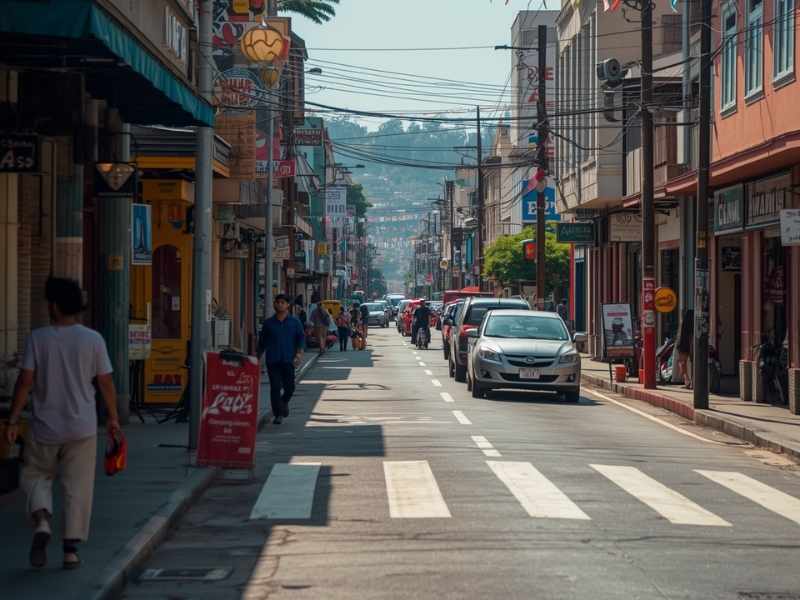Calle urbana en Guatemala donde los hábitos de compra influyen en comercio, movilidad y servicios.