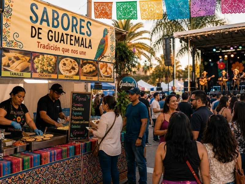 Festival cultural con comida guatemalteca y comunidad latina en Florida.