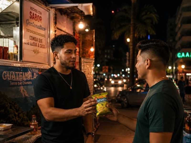 Migrantes compartiendo una recomendación de producto guatemalteco en Miami.