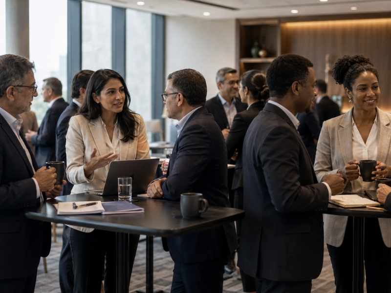 Profesionales crean redes de liderazgo y colaboración después de una sesión de formación ejecutiva.