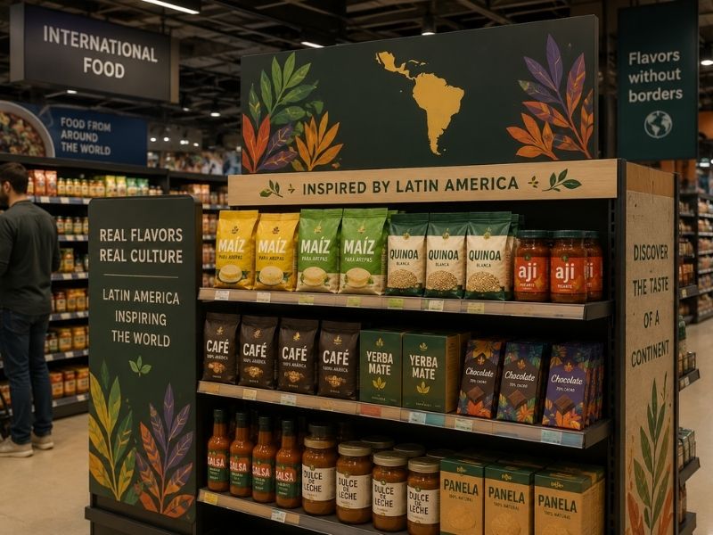 Una marca latinoamericana ocupa espacio en un punto de venta internacional.
