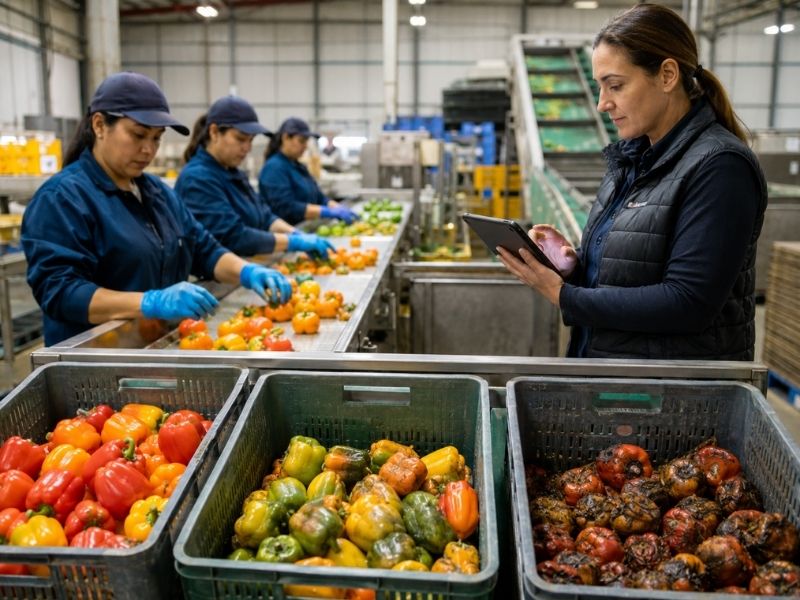 Trabajadoras clasifican vegetales por calidad en una planta de procesamiento mientras se registran datos para reducir pérdidas de alimentos.