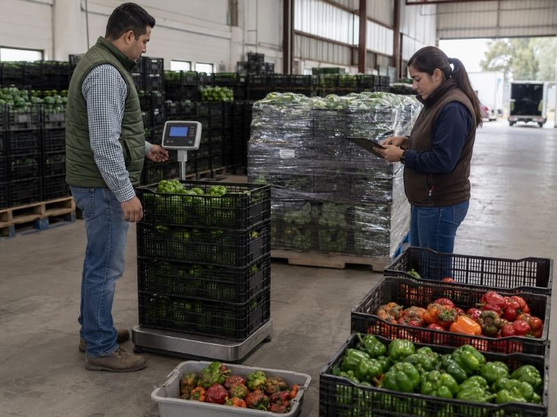 Trabajadores pesan cajas de vegetales y registran datos para medir pérdidas de alimentos en un centro de distribución.