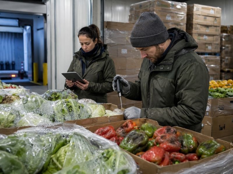 Personal inspecciona vegetales y controla la temperatura en un almacén refrigerado para identificar causas de pérdidas de alimentos.