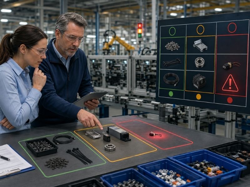 Equipo de compras clasifica componentes según su criticidad y el impacto que tendría su falta en la producción.