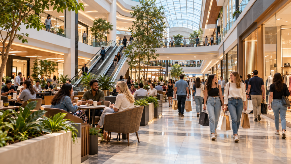 Interior de un centro comercial moderno con tiendas, restaurantes y visitantes, reflejando la historia de los centros comerciales y su evolución