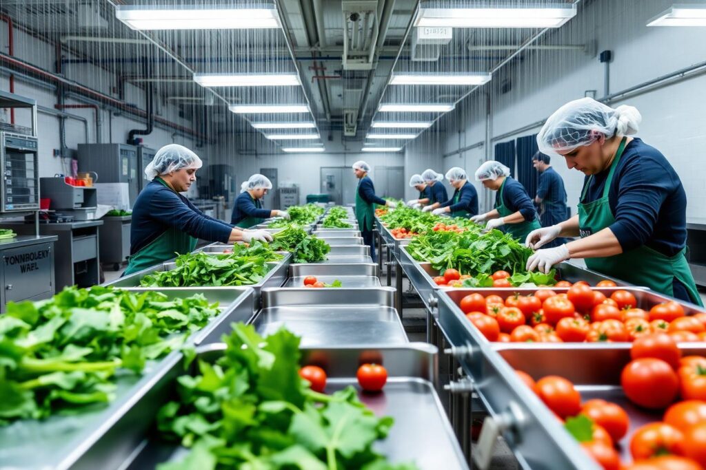 Trabajadores seleccionando y clasificando alimentos en una planta de procesamiento antes de su almacenamiento y distribución.