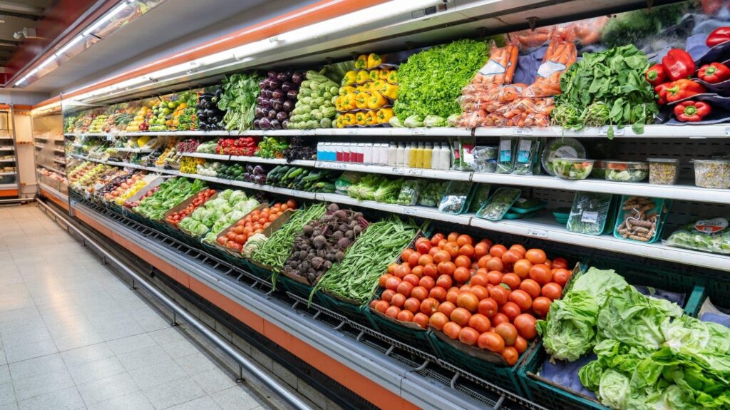 Frutas y verduras frescas organizadas en un establecimiento comercial para su venta al consumidor final.